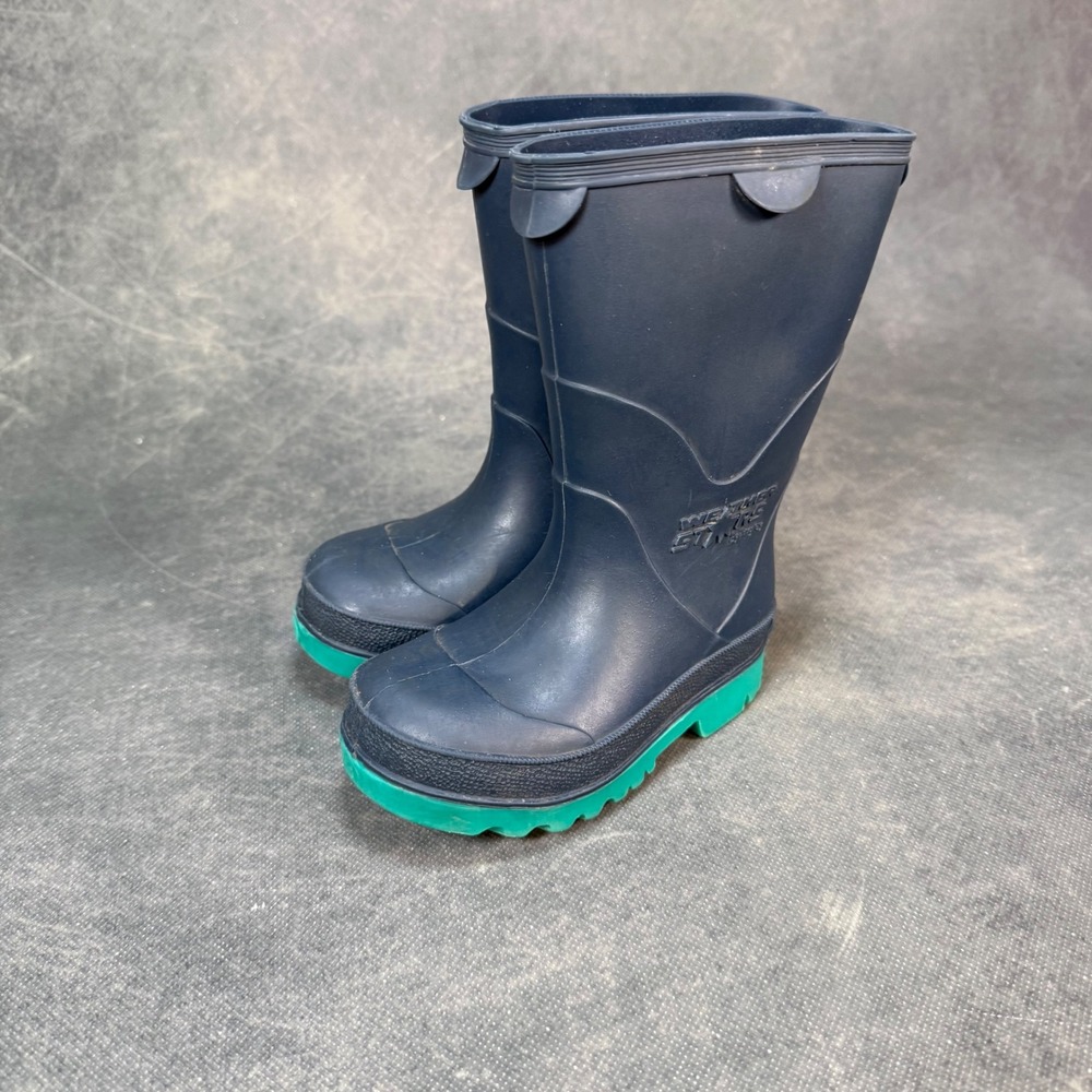 Weather Stars Blue Toddler Rain Boots Green Sole Pull On Handles Kids Shoes